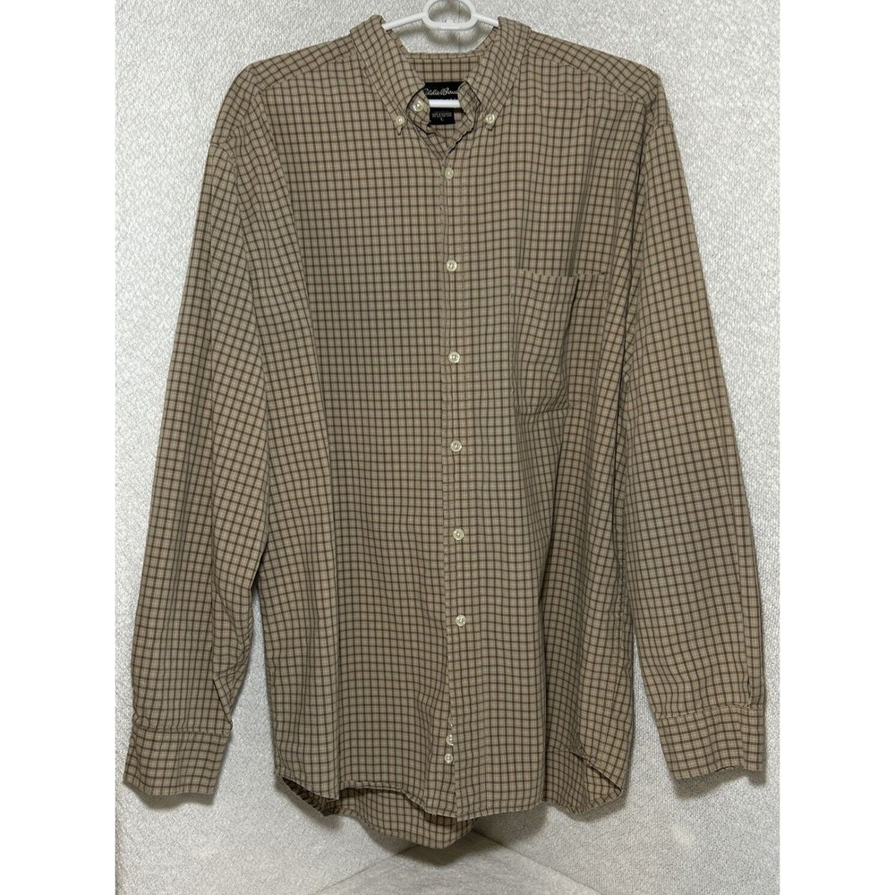Eddie Bauer Dress Shirt Mens Size  L Brown Plaid Check Button Up Office Shirt